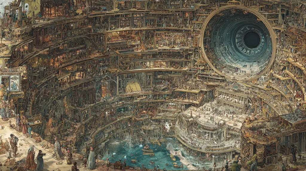 Dense cutaway of a curved multi-level city of tiny rooms around a lagoon, a dark tunnel yawning above