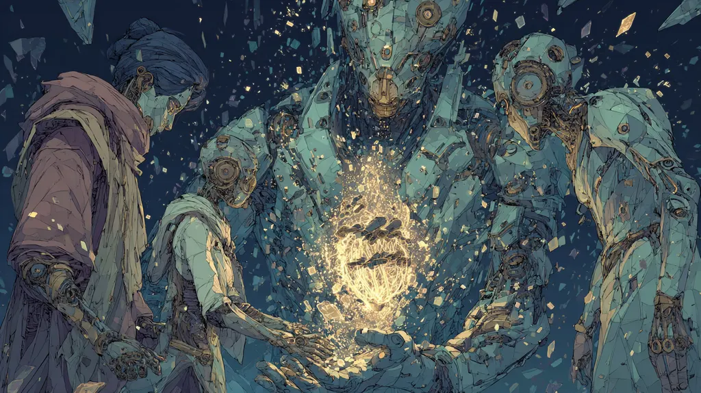 Robed android figures gather around a glowing burst of gold light cupped between mechanical hands