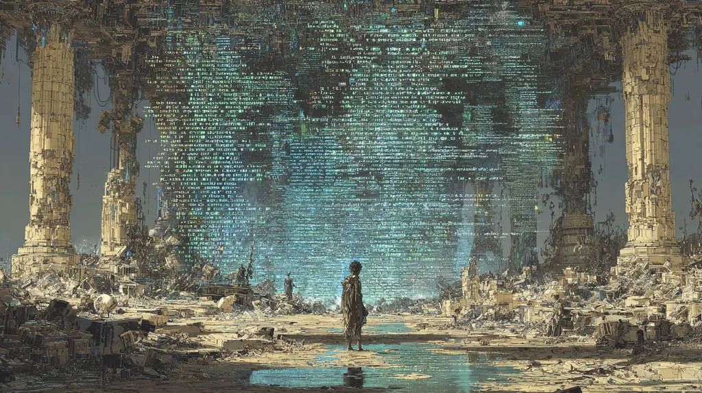 Small figure standing on a wet floor between broken columns beneath a wall of cascading green text