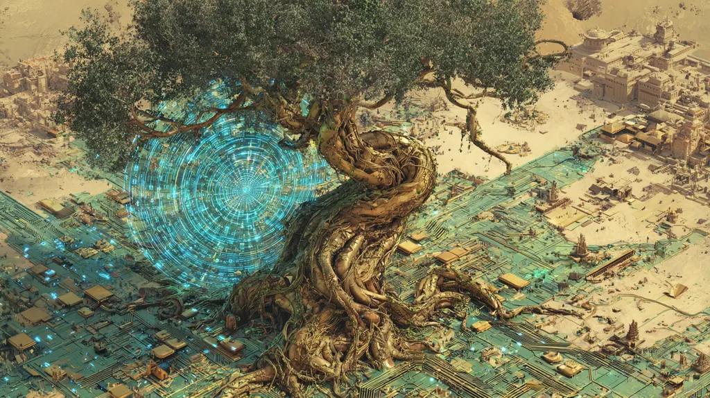 Ancient olive tree with a spiral of teal light rooted in circuit-board ground beside a sandy town
