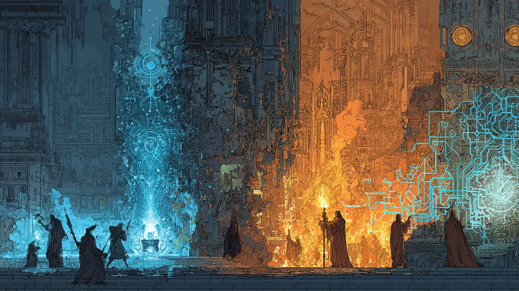 Robed figures with staffs walk between a blue holographic altar and an orange bonfire in a gothic street