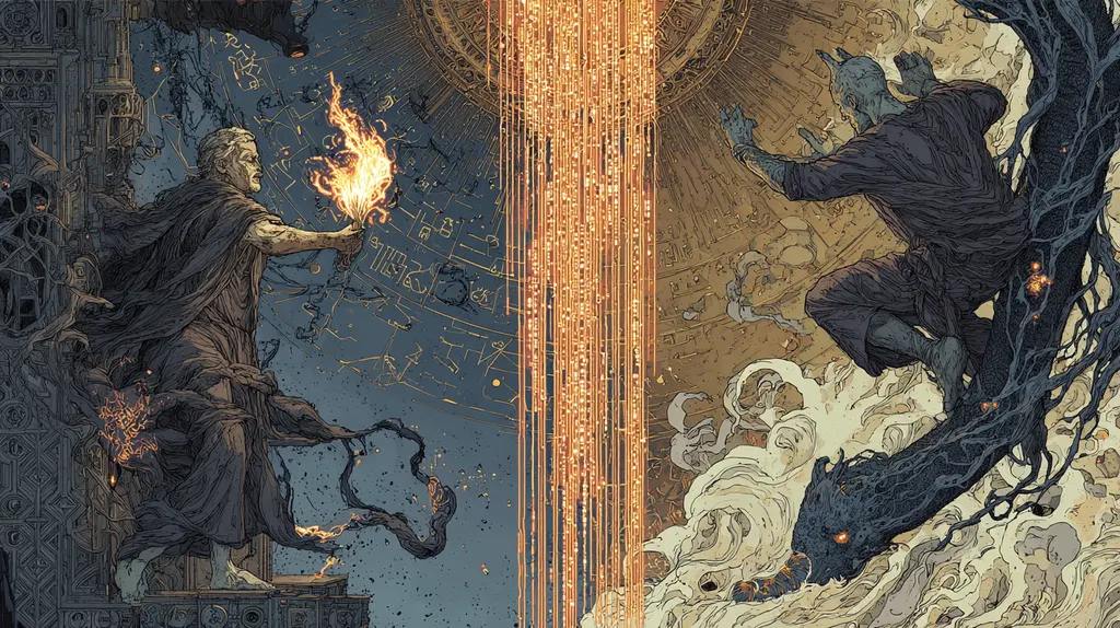 Statue-like figure holding a flame beside a curtain of orange data as a dark form leaps through smoke