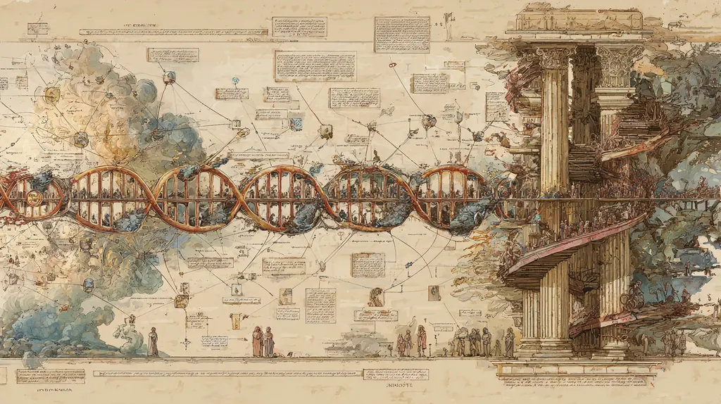 Sepia diagram of a double helix packed with tiny people beside a fluted column with a spiral stair