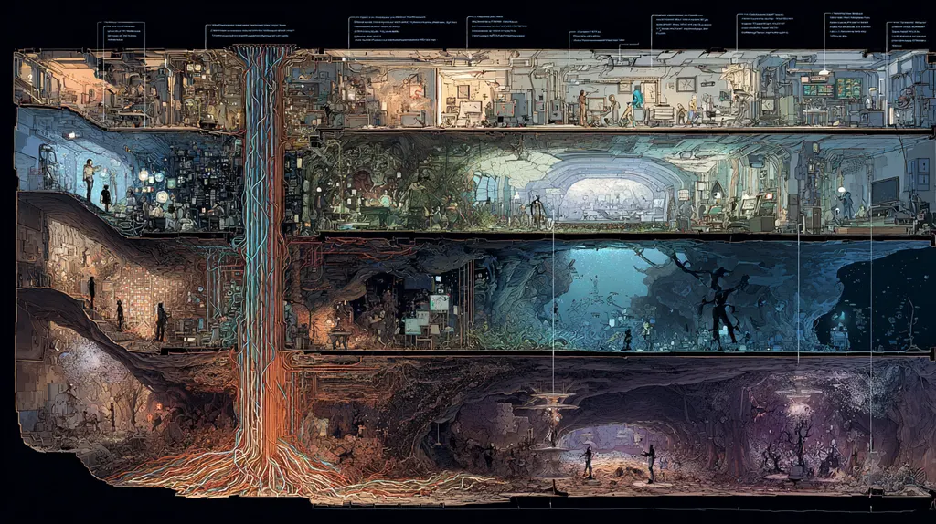 Cross-section of stacked underground floors, a braided column of coloured cables running from surface to caverns