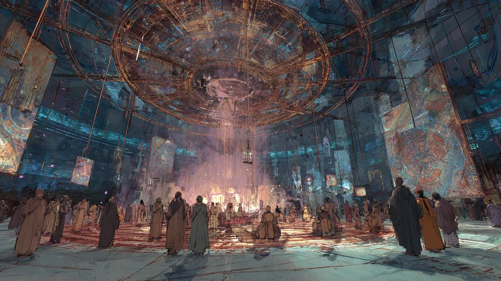 Robed crowd in a vast domed hall beneath a suspended ring of scaffolding, violet smoke at the centre
