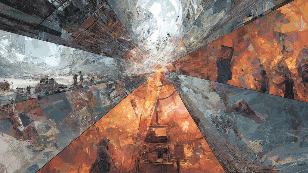 Kaleidoscopic shards converging on a bright centre, each wedge holding a fragment of crowd or flame