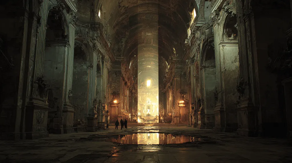 Three small figures in a decayed cathedral nave lit by candles, a puddle mirroring the distant altar