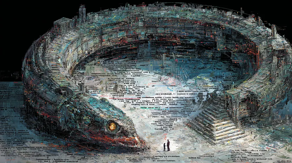Ruined amphitheatre built of scrawled text, two tiny figures at its floor near a giant serpent's head