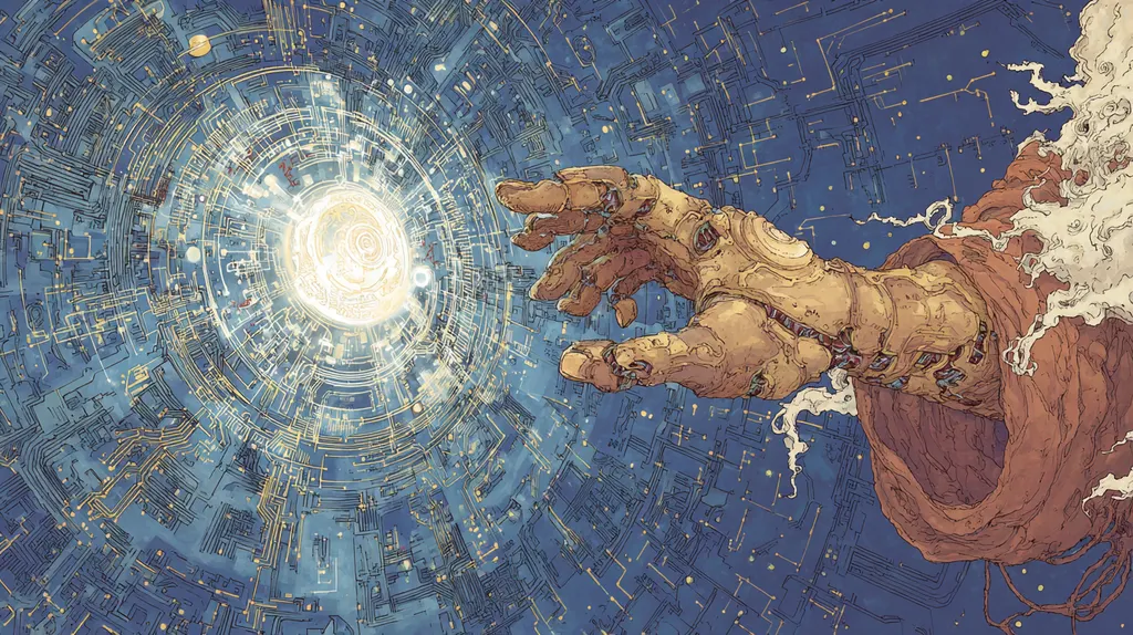 Mechanical golden hand reaching from red cloth toward a radiant white core within concentric circuit rings