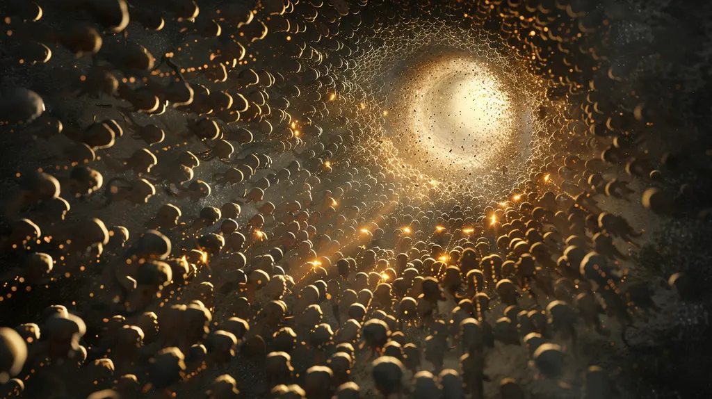Dense crowd of bald heads seen from above spiralling toward a bright disc, tiny gold lights among them