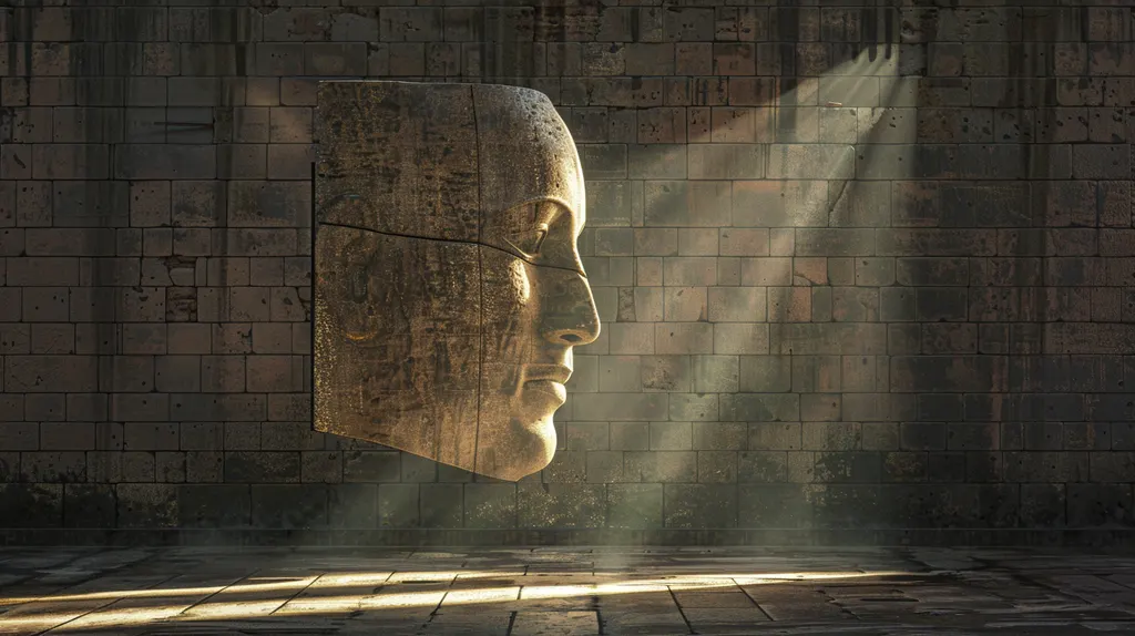 Giant carved stone mask in profile hanging against a brick wall, shafts of dusty light falling across it