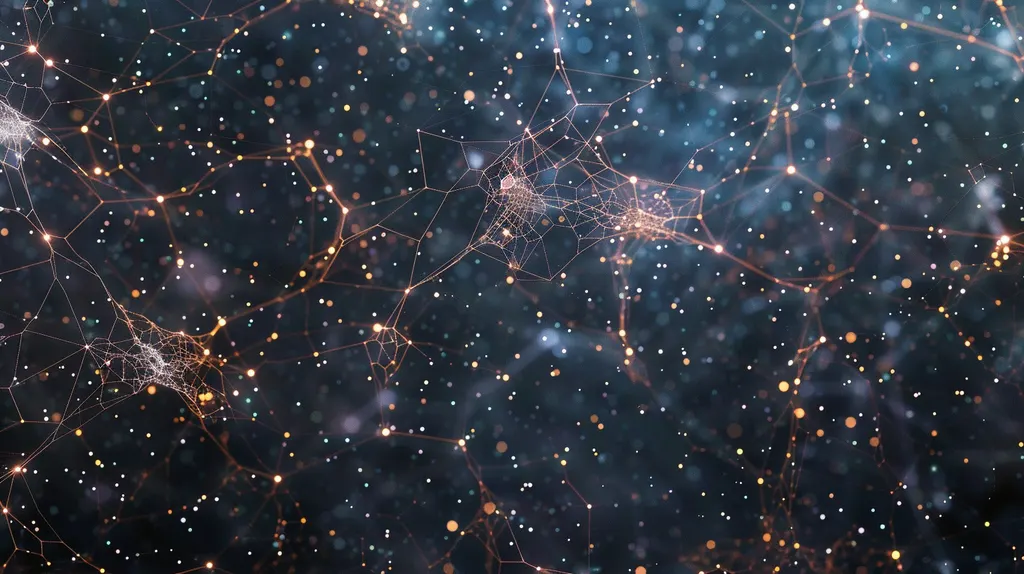 Copper filaments strung between glowing nodes forming loose webs across a dark speckled field of bokeh lights