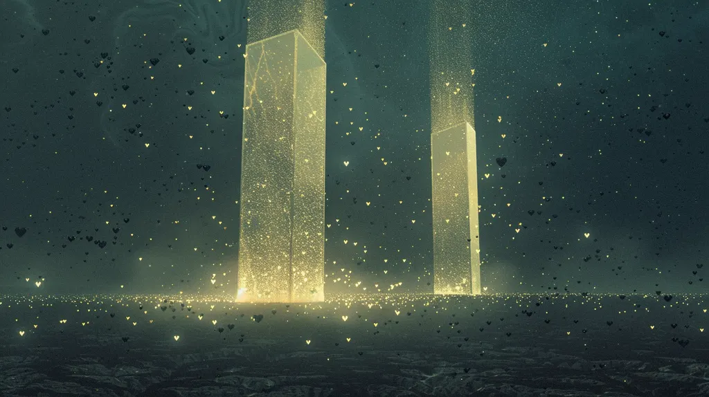 Two translucent glass monoliths standing on a dark plain, small golden hearts drifting in the air around them