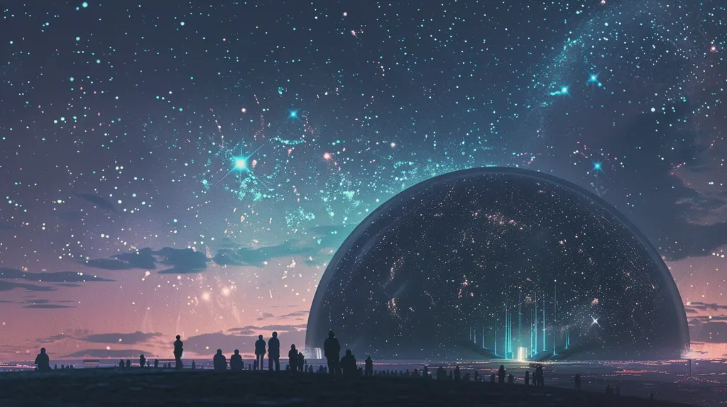 Silhouetted onlookers on a ridge facing a huge transparent dome holding a lit city under a teal starry sky