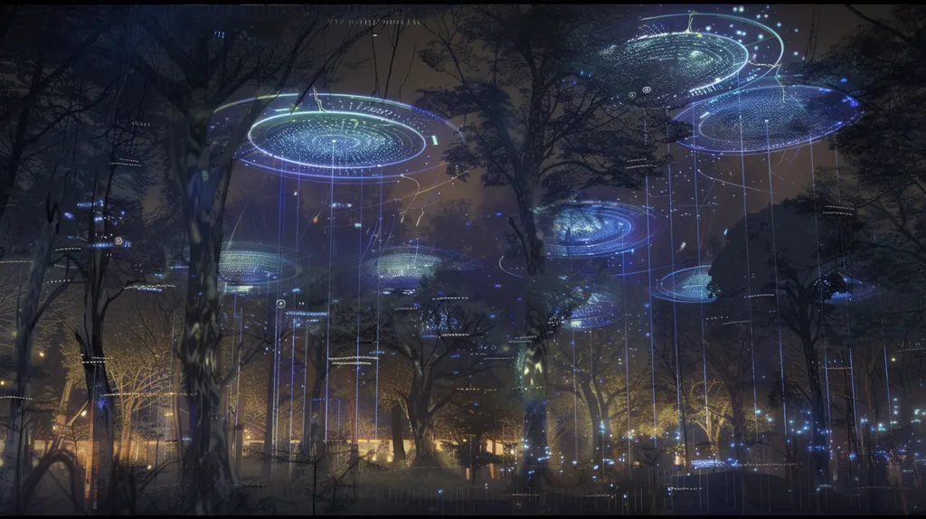 Bare winter trees under hovering blue luminous discs that trail thin lines of light into the woodland