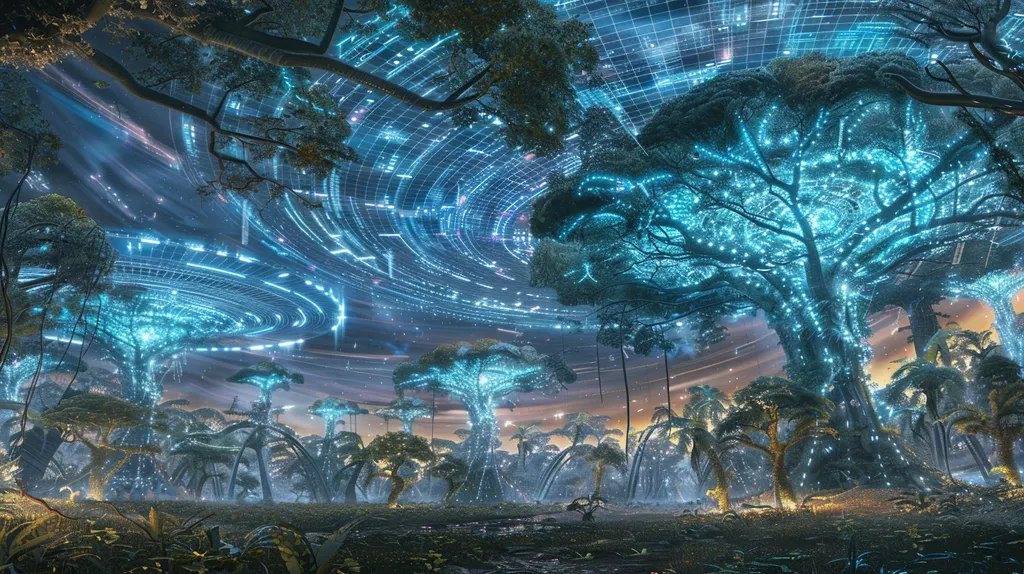 Forest of trees glowing with blue circuitry beneath a sky of sweeping concentric data rings