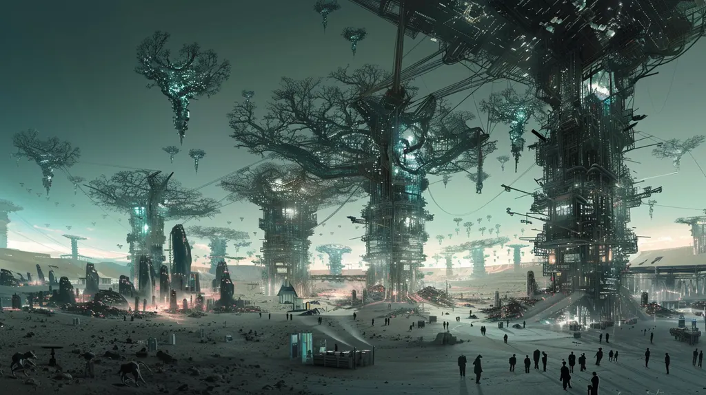 Skeletal tower-trees of scaffolding and cables rising from a grey plain where small figures walk among debris