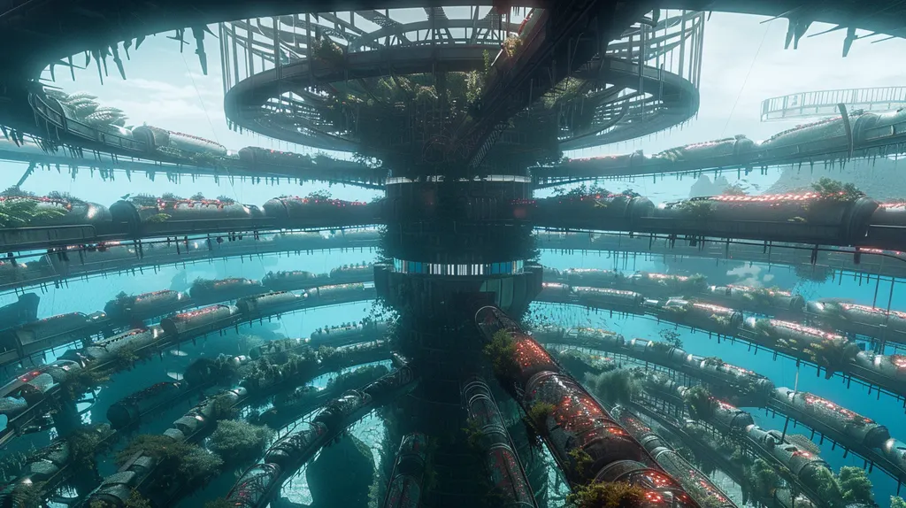 Vast round hangar of stacked ring walkways and glass tanks holding plants, light pouring through the open roof