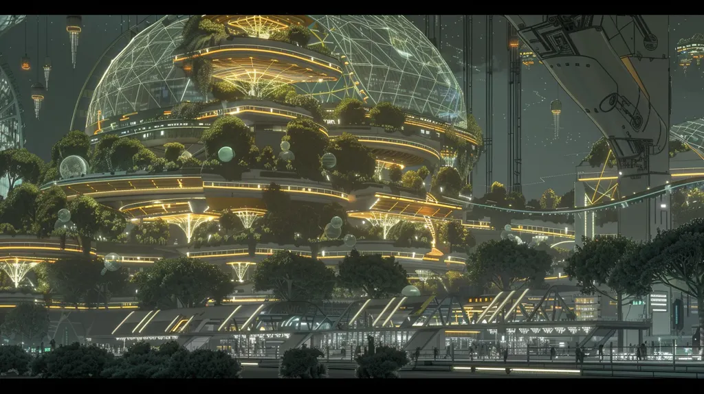 Terraced garden city under a great geodesic dome, tree-lined balconies lit in amber above a lit road