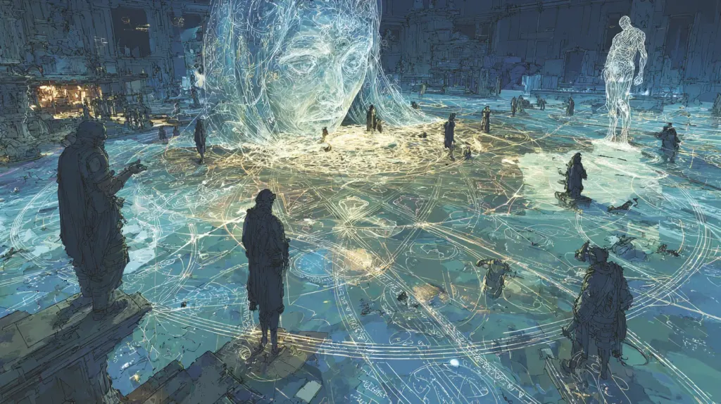 Cloaked figures on a floor of glowing circles beneath a luminous wireframe head and a standing figure of light