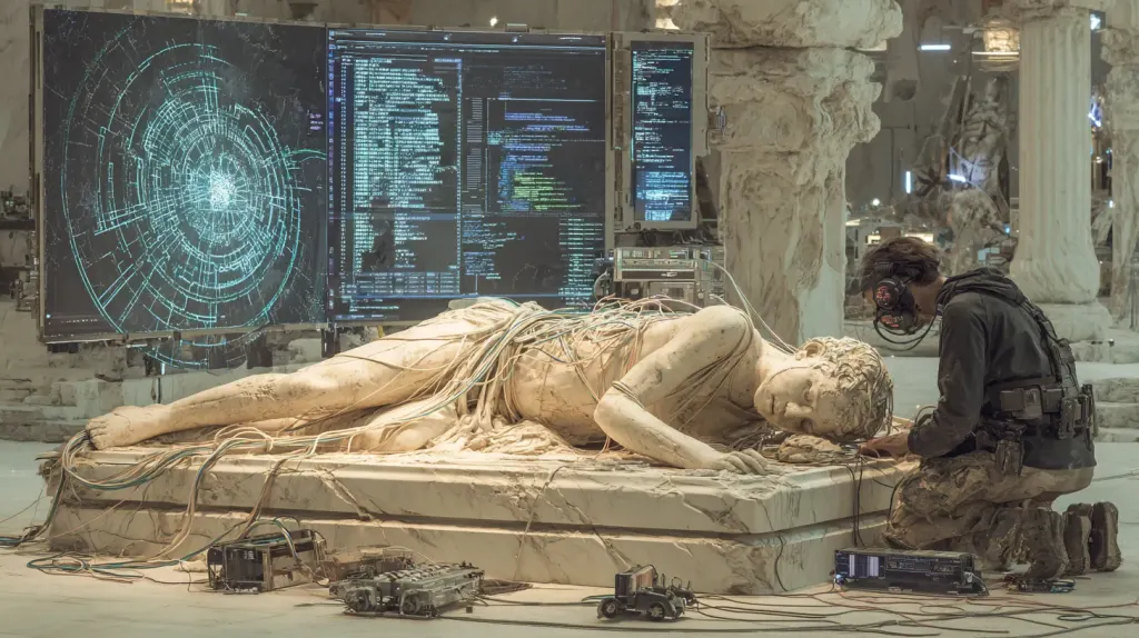 Man in headphones kneels beside a marble reclining statue wired with cables before screens of scrolling code