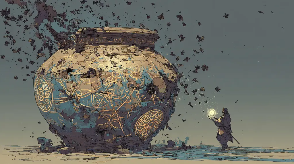 Enormous cracked urn covered in blue mandalas flaking into the wind as a small figure holds up a light