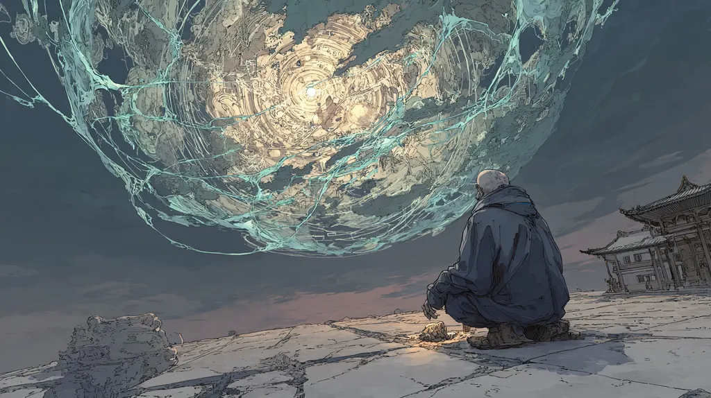 Bald man in a blue coat crouching on cracked stone beneath a huge glass sphere of turquoise threads