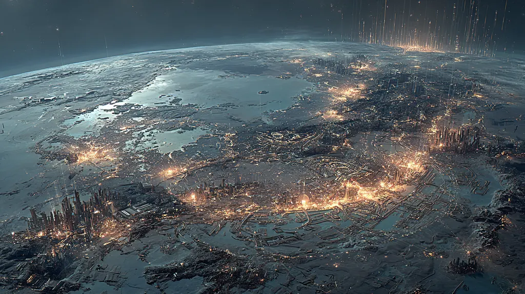 Planet seen from orbit, its continents crusted with glowing golden cities and rivers of light between them