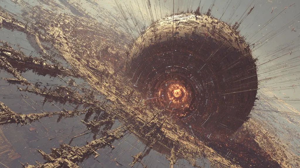 Rusted circular shaft opening in a wall of dense brown scaffolding, an orange spark burning at its core