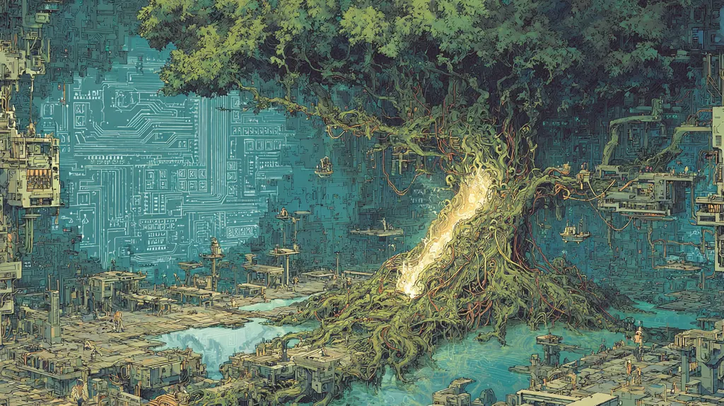 Great tree with glowing white roots planted in a teal circuit-board landscape of tiny stations and pools