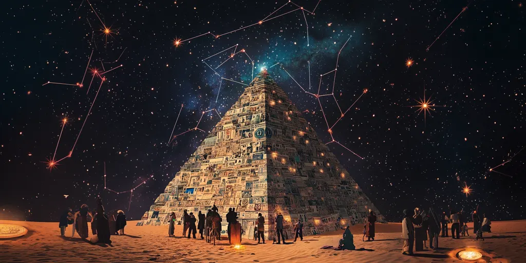 Pyramid built from banknotes and screens rising from desert sand beneath red constellation lines