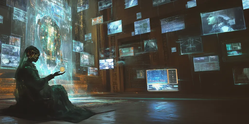 Veiled woman in green seated on a stone floor holding a small gold disc amid floating screens