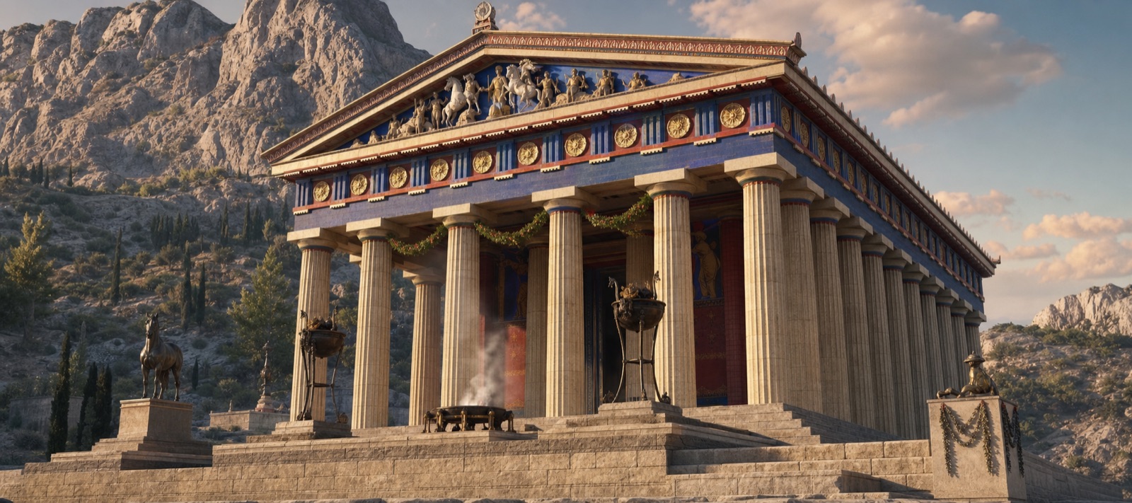 The Temple of Apollo at Delphi, reconstructed — a full Doric temple standing whole against the mountain