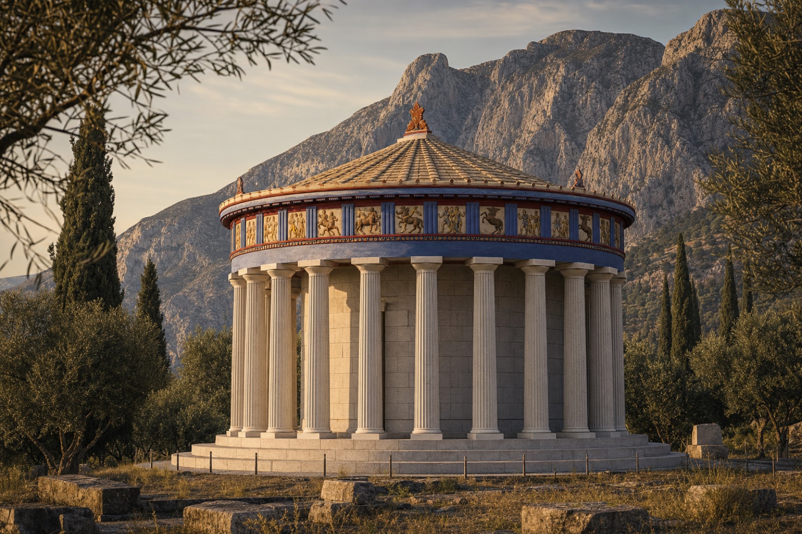 The Tholos at Athena Pronaia, reconstructed — the circular temple whole again below the sanctuary