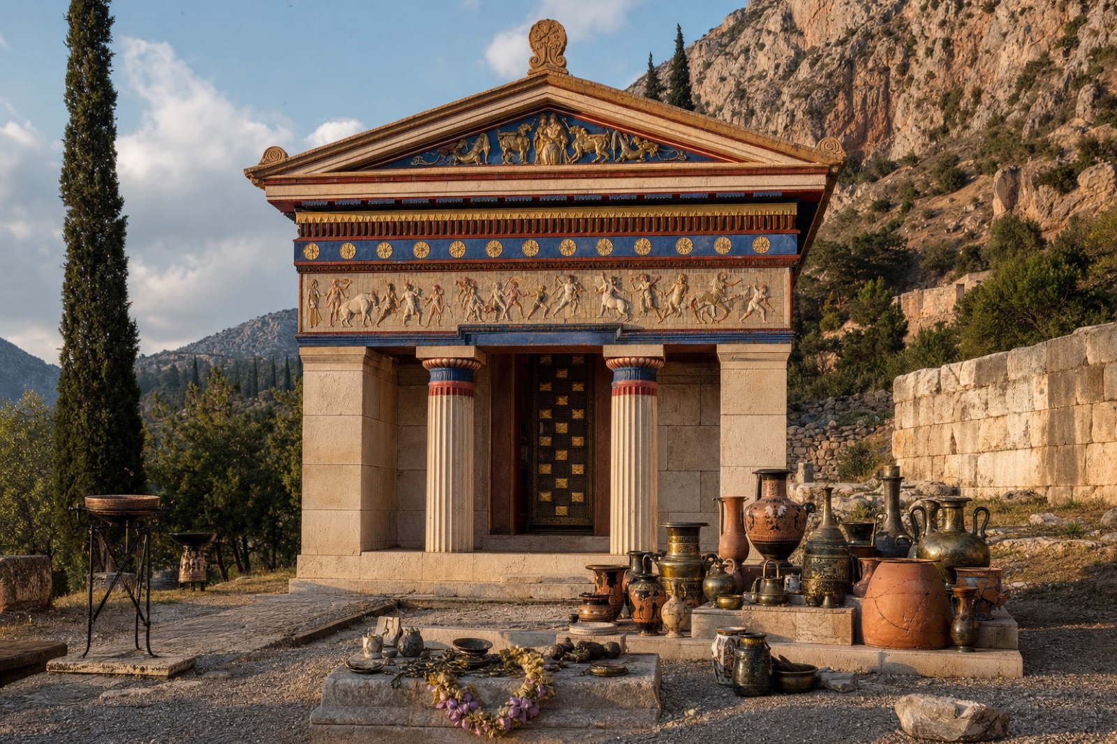 The Athenian Treasury reconstructed, its metopes and marble whole