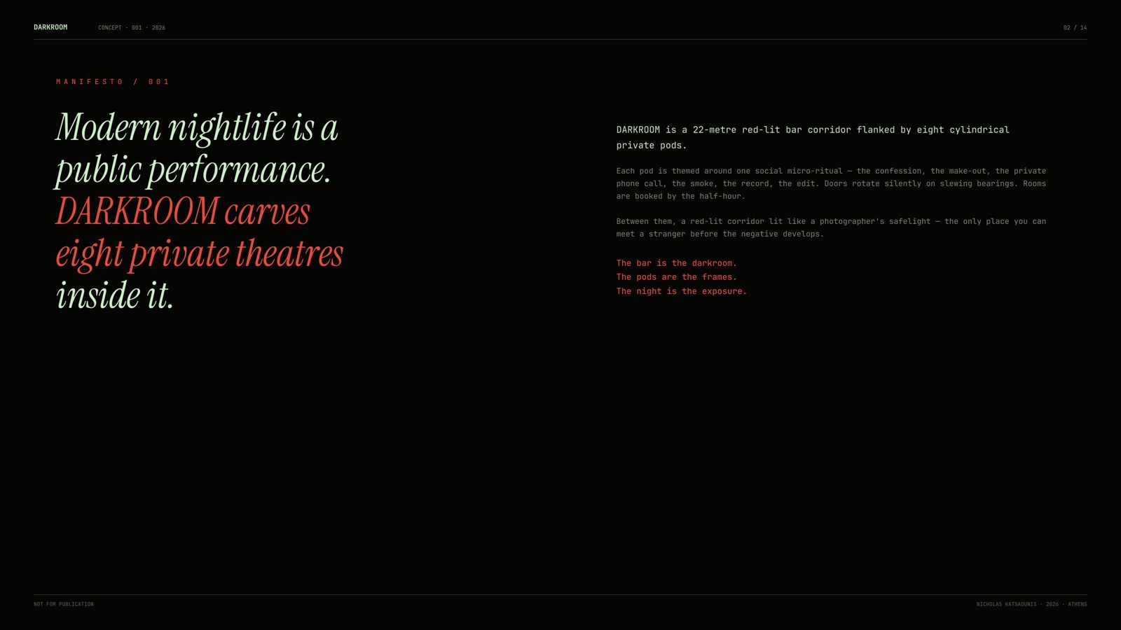 DARKROOM manifesto spread — near-black page with red safelight typography