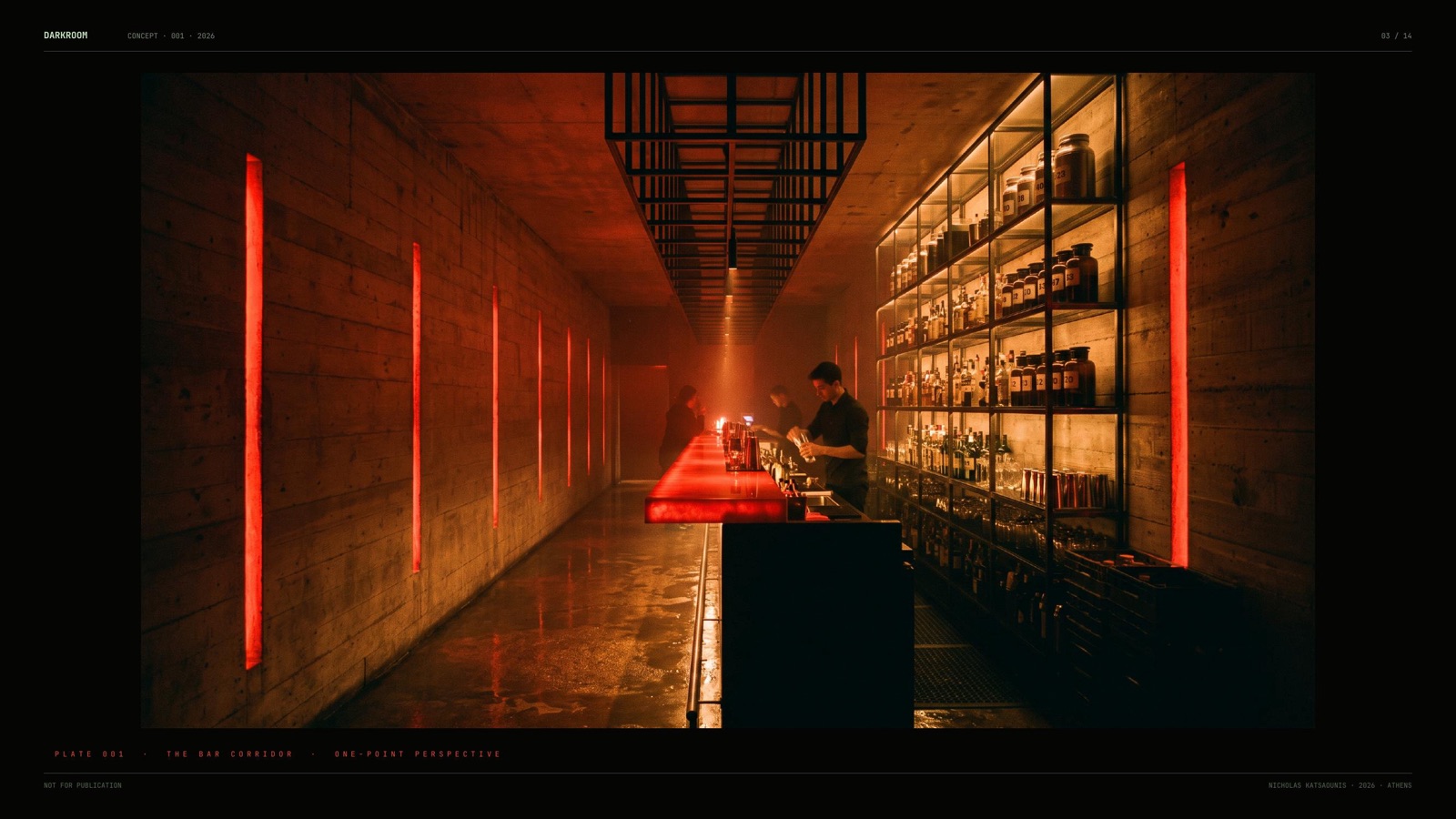 The DARKROOM bar corridor under red safelight