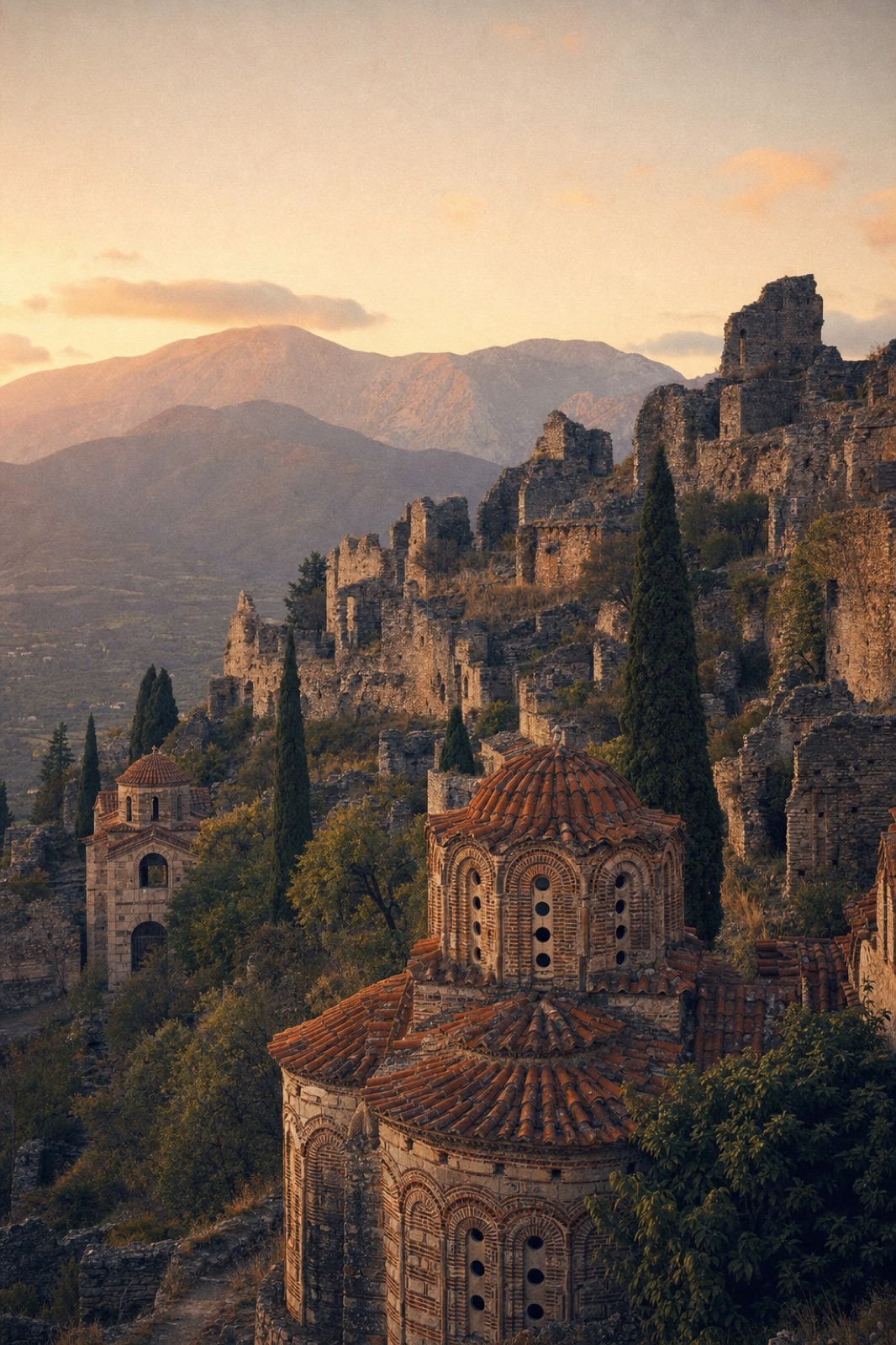 The Byzantine hillside city of Mystras above the plain of Sparta